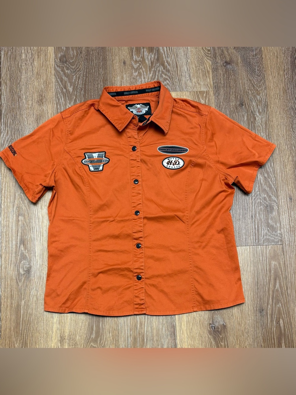 Harley-Davidson women’s Orange Short Sleeve Button-Front Patch Shirt